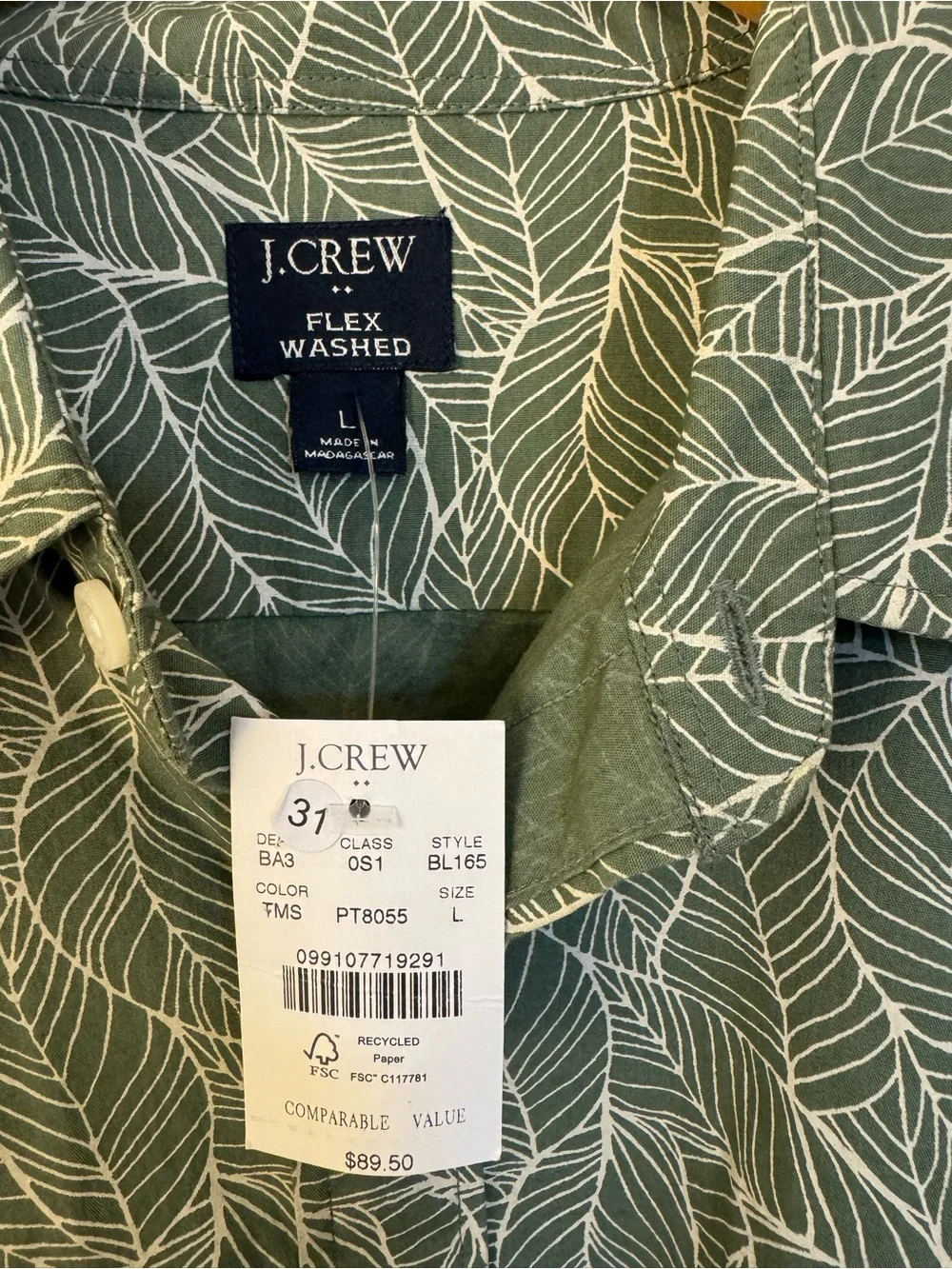 J. Crew Green Leaf-Print Short Sleeve Button-Down Shirt - Picture 2 of 3
